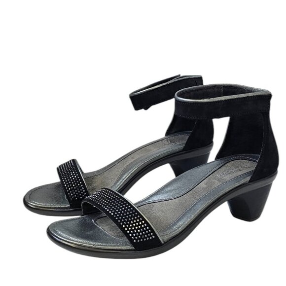 Naot Womens Progress Low Heel Open Toe Sandals, Black Nubuck, Rivet Accent, US 7 - Picture 1 of 10